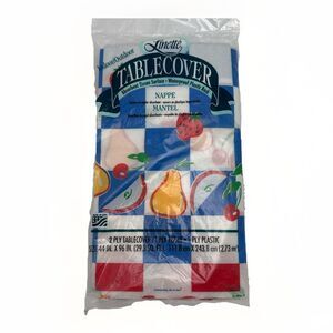 Vintage 90s Linette Tissue Table Cover 44” X 96” Sealed Fruit Checkered Blue Red